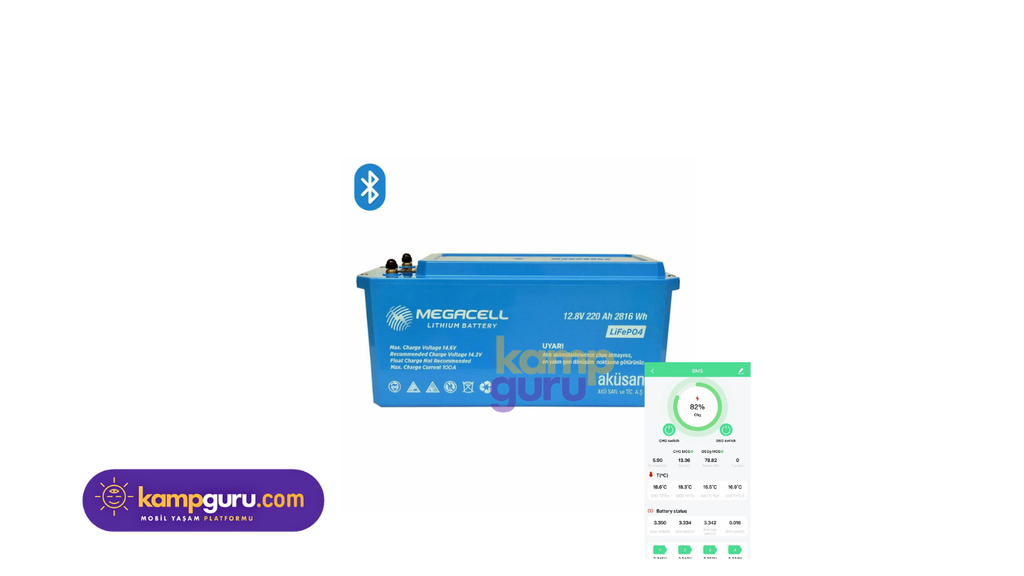 Megacell 12.8V 220Ah LiFePO4 Lityum Demir Fosfat Bluetooth Akü